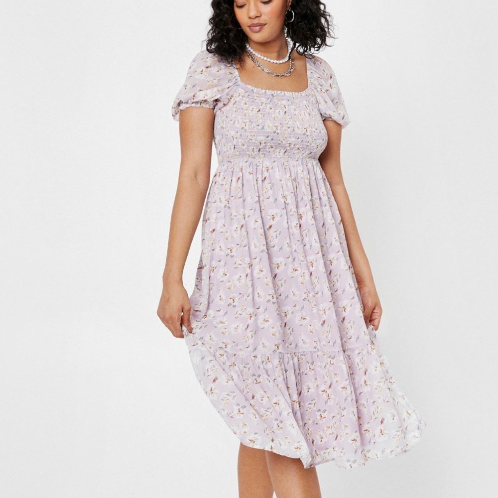 Plus Size Square Neck Puff Sleeve Midi Dress